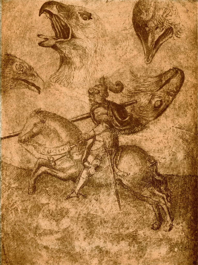 Cavaliere con studi di lancia e uccello